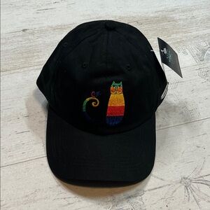 Laurel Burch Black Cap Rainbow Cat Embroidery